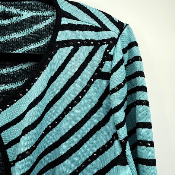 Ming Wang Sweater Womens 1X Blue Black Open Front Cardigan Knit Swirl Studded - Picture 3 of 10